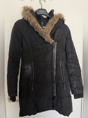 Rudsak Atelier Noir Black Faux-Fur Trim Hooded Puffer Coat